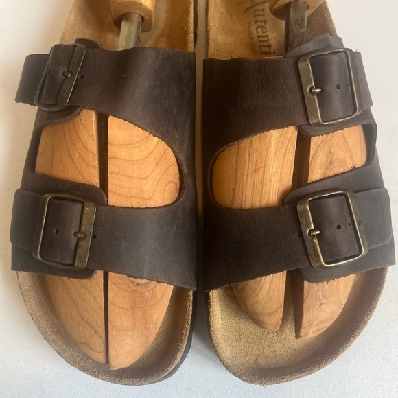 Autenti Brown Leather Double Buckle Sandals Cork Soles Size 10 - Picture 2 of 16